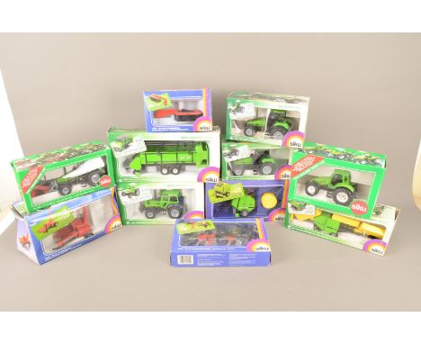 Siku 1:32 Scale Deutz Fahr Tractors and Farm Machinery, a boxed group, tractors, 2956 Agroxtra 6.07 twin rear wheels, 2958 Ag