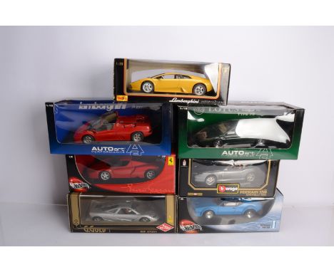 1:18 Scale Diecast Modern Italian Sports Cars, a boxed group, Hotwheels 50424 DeTomaso Pantera, 56293 Ferrari Enzo Rosso (min