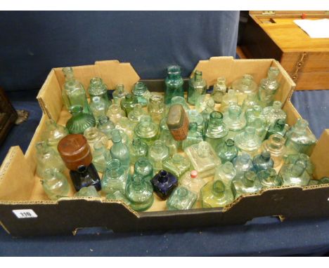 Collection of 19thC glass ink bottles, leather bound portable inkwell etc