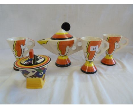Art Deco style teapot and mugs - C C Bizzare design Staffordshire, Moorland pot & lid 