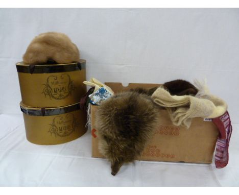 Vintage fur hats, wraps, scarves, hat boxes etc