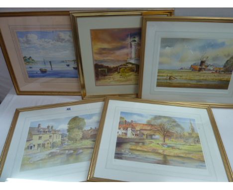 Watercolour coastal scenes - E Baker & signed limited edition prints of Norfolk & Gloucestershire - K W Button (5)