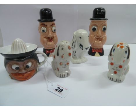 Early 20thC novelty ceramic juicer, sugar daddy shakers, Dismal Desmond salt & pepper etc (6)
