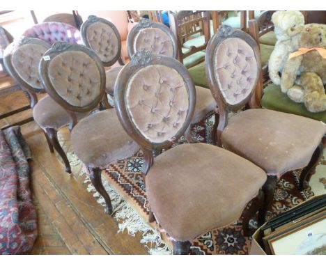Set 6 Victorian mahogany button velvet balloon back dining chairs