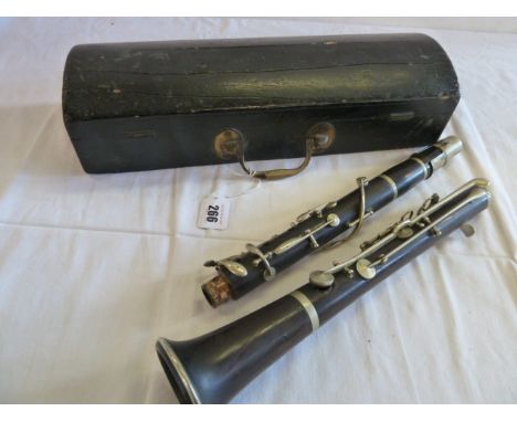 19thC Ebonised clarinet (stamped E Albert Brussels, S A Chappell sole agents, New Bond Street, London) in wooden case