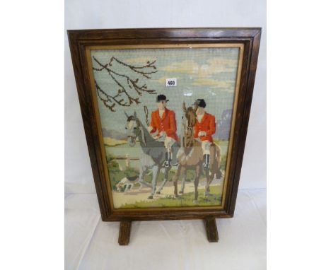 Oak frame fire screen woolwork hunting scene 