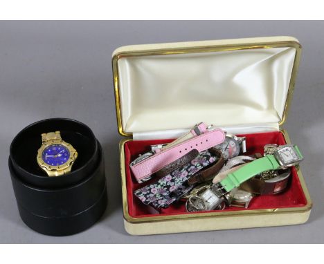 A box of Ladies and Gentleman's wrist watches to include Sekonda, Timex and Softech quartz examples.