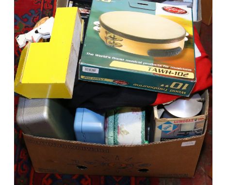 A box of miscellaneous to include steel cash boxes, gas camping lantern, teddy bears, Vauxhall car mascots, wood tambourine a