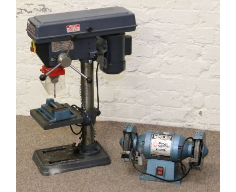 A Clarke metal worker pillar drill and vice along with a 240 volt 6 inch bench grinder.
