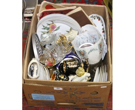 A box of miscellaneous ceramics, glass, books and metalwares including dinner wares by Royal Worcester, figures, painted ligh