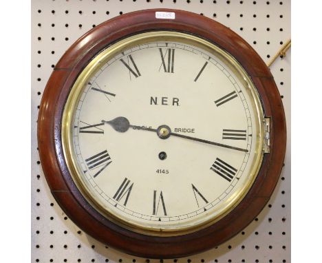 A Victorian mahogany cased eight day fusee railway clock with painted dial, signed N. E. R Goole Bridge, 4145.