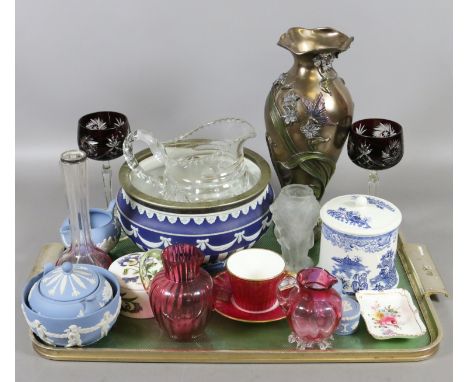 A good tray of collectable glass and porcelain to include cranberry, Wedgwood Jasperware, ruby flash, Royal Crown Derby, Maso