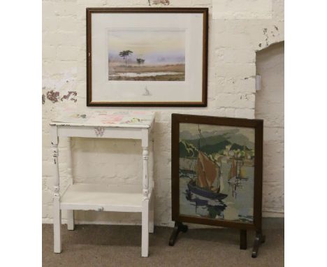 A painted two tier side table, woolwork folding firescreen and a mahogany framed rural landscape print.