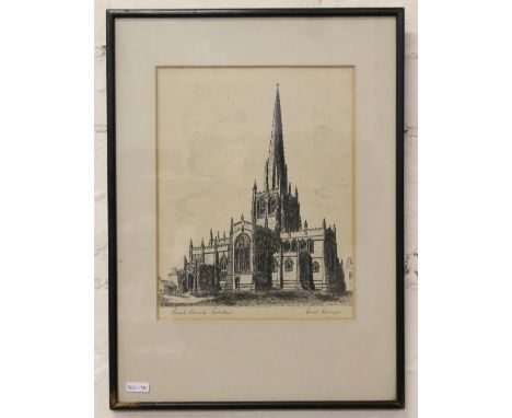 A framed ink sketch of Rotherham Parish Church bearing the signature Ernest Radcliffe.