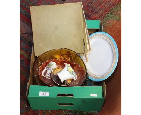 A box of collectables to include carnival glass, Royal Worcester, Royal Albert, polychrome paperweight and cutlery etc.
