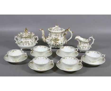 A Rockingham six place tea service with gilt and grey decoration (pattern 1170) formed with three spur handles and crown fini