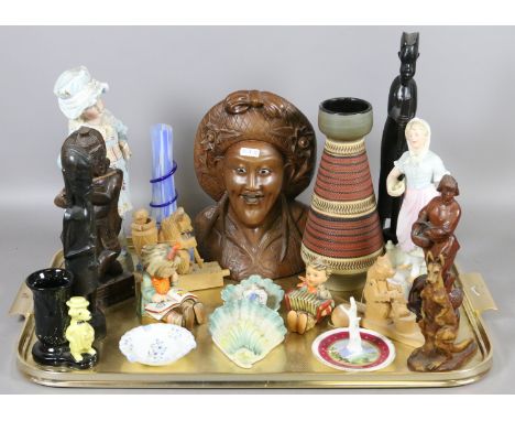 A tray of collectables including West German Goebel figures of children, Sylvac, Shelley, art glass, carved African and Orien