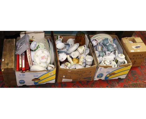 Three good boxes of various china and glass to include Crown Devon and Midwinter examples along with a boxed Royal Doulton pa