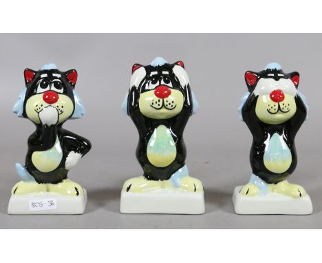 A set of three Lorna Bailey ceramic glazed cats: See No Evil, Ear No Evil and Speak No Evil.