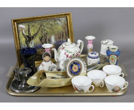 A tray of collectables to include Royal Worcester and Royal Doulton, hand painted china vase, nursery rhyme cups, Russian mod