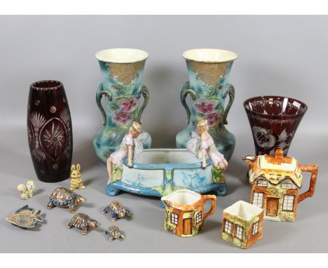A lot of collectables to include two ruby flash glass vases, Wade Whimsies, a Braithwaites fairy lustre ware centrepiece, a p