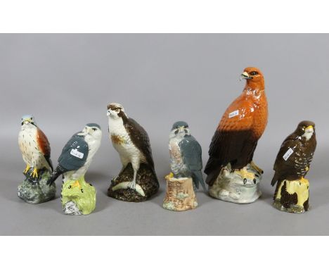 Five Royal Doulton ceramic whiskey decanters modelled as birds of prey to include a buzzard and a kestrel along with a Beswic