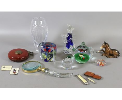 A box of collectables including Beswick foal, various glassware including aquarium teapot paperweight leather mounted tape me