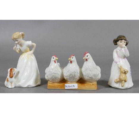 Two Royal Doulton figurines 'Sit' and Daddy's Girl' along with three Goebel hens.