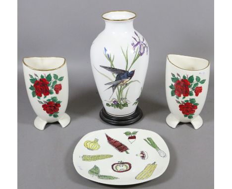 A Limited Edition Franklin Mint porcelain vase decorated with flowers and birds along with a pair of Sylvac mantel vases and 