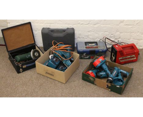 Four Makita battery drills with chargers, Bradex 12 volt starter pack, Makita 240 volt electric wood planer, Tooltec 500 watt