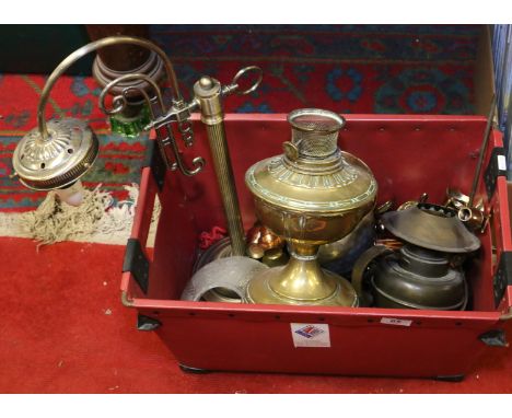 A box of light fittings and metalwares to include electric column tablelamp and brass oil lamp base etc.
