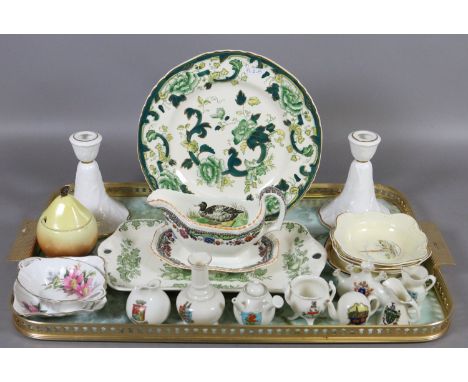 A tray of ceramics to include Carltonware, a pair of Royal Worcester candlesticks, Masons, Crown Devon, Royal Albert and Cres