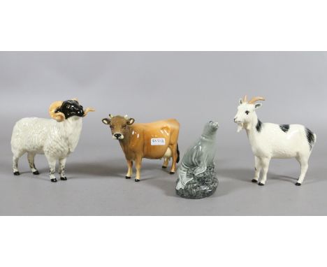 A Beswick pottery goat, ram and cow along with a Beswick whiskey decanter model of a seal.