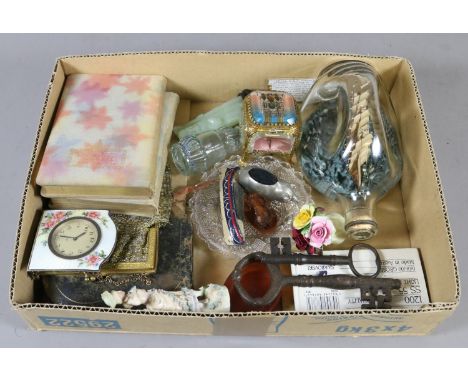 A lot of collectables to include a Guilloche enamel strut clock, ship in bottle, Georgian keys, mesh evening purse etc.