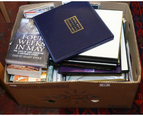 A mixed box of war related books to include first edition and first printing, along with Royal Mail special stamp books throu