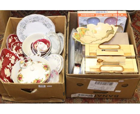 Two boxes of mixed china and collectables to include Royal Albert, Wedgwood and Carltonware examples.