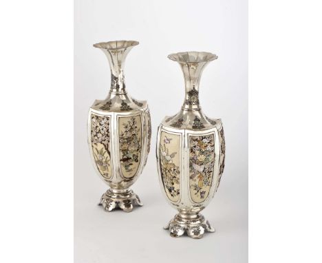 A pair of vases, silver, ivory plaques, mother-of-pearl inlay and polychrome enamel "Shibamaya" decoration “Flowers and birds