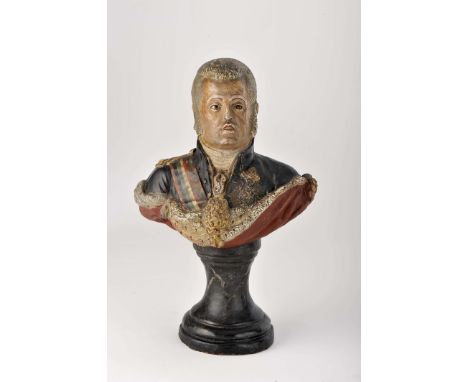 Bust of King D. João VI of Portugal (1767-1826), polychrome terracotta sculpture, Portuguese, 19th C., restored, Dim. - 23 cm