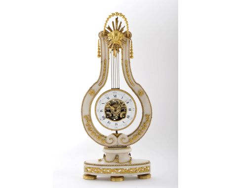 A lyre-shaped pendulum table clock, Louis XVI (1774-1791), marble, bronze mounts "Flower garlands", enamel dial with black Ar