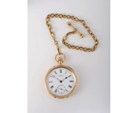 A pocket watch 750/1000 gold case nº219695 and 800/1000 gold chainenamel dial with black Roman numerals and seconds at six o'