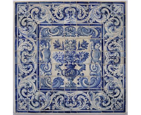 Albarrada, 81 tile panel, blue decoration, Portuguese, 18th C. (1st half), various restoration and glueing, Dim. - (total) 13