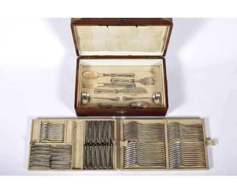 Cutlery for twelve people, Louis XV style, 833/1000 silver, consisting of 7 serving cutlery, soup spoons, meat cutlery, desse