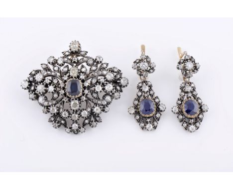 A brooch and a pair of earrings, gold and silver, set with 3 oval cut sapphires, rose cut diamonds and 47 antique brilliant c