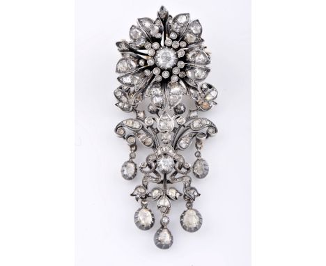 A brooch, gold and silver, set with rose-cut diamonds and crowned rose-cut, European, 19th C., signs of use, size changeable 