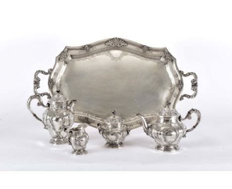 A tea and coffee set with tray, D. João V, King of Portugal (1706-1750), 833/1000 silver, composed of tray, teapot, coffee po