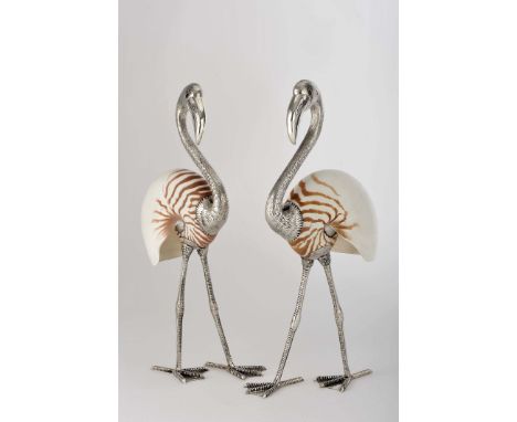 A flamingo couple, a pair of sculptures in nautilus shell, 925/1000 silver heads and legs, set with cabochon-cut garnet, Port