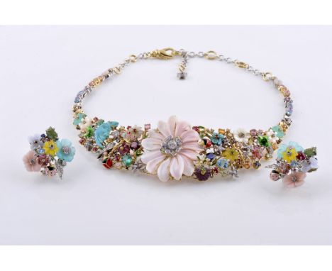 A necklace and pair of earrings, 585/1000 and 750/1000 bicolour gold, decorated with polychrome enamels and set with citrine,