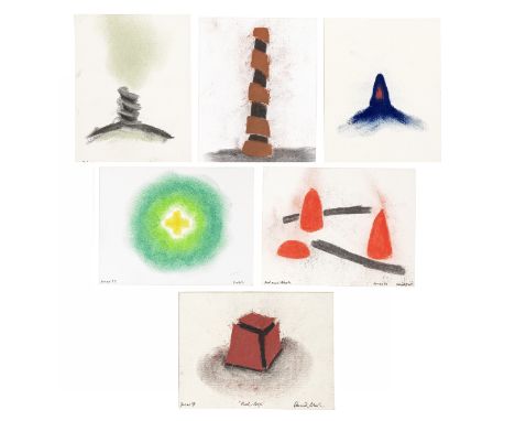 David Nash R.A. (British, born 1945)Red Box, Red Cones, Green Circle, Tower, Large Mound, Small Mound, pastel drawing, signed