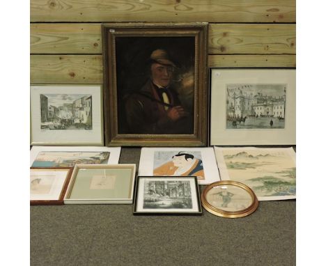 English School, 19th century, portrait of a gentleman, oil on canvas, 50 x 40cm, together with various pictures