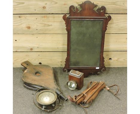A George III fret carved wall mirror, 58cm high, together with a pair of bellows, a light, a pair of early 20th century woode